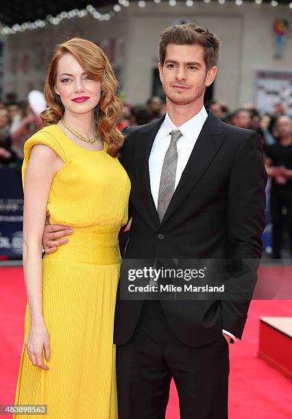 Emma Stone and Andrew Garfield attend the World Premiere of "The Amazing Spider-Man 2" at Odeon Leicester Square on April 10, 2014 in London, England.