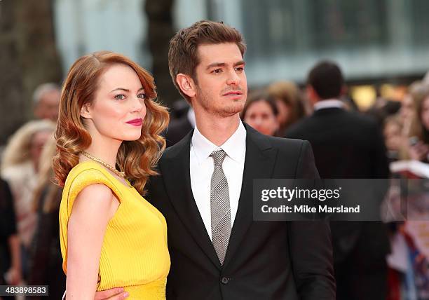 Emma Stone and Andrew Garfield attend the World Premiere of "The Amazing Spider-Man 2" at Odeon Leicester Square on April 10, 2014 in London, England.