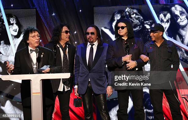 Inductees Peter Criss, Paul Stanley, Ace Frehley and Gene Simmons of KISS and musician Tom Morello speak onstage at the 29th Annual Rock And Roll...