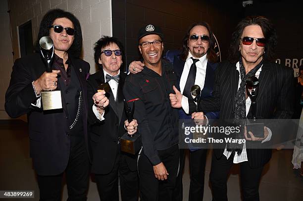 Inductees Paul Stanley, Peter Criss, Ace Frehley and Gene Simmons of KISS pose with musician Tom Morello at the 29th Annual Rock And Roll Hall Of...