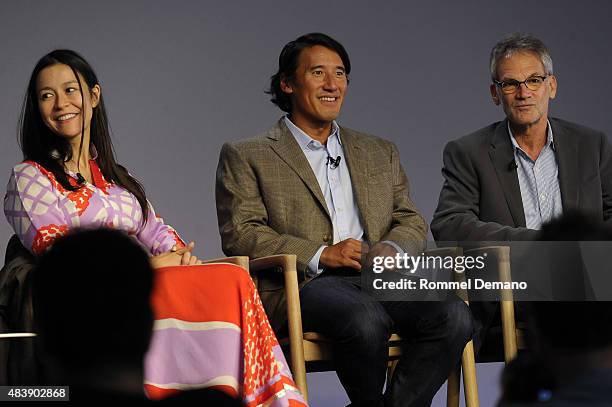 Co-Director Elizabeth Chai Vasarhelyi, Jimmy Chin and Jon Krakauner attend Meet The Filmmaker: Jimmy Chin and Elizabeth Chai Vasarhelyi, "MERU" at...