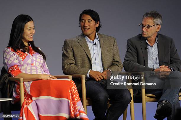 Co-Director Elizabeth Chai Vasarhelyi, Jimmy Chin and Jon Krakauner attend Meet The Filmmaker: Jimmy Chin and Elizabeth Chai Vasarhelyi, "MERU" at...