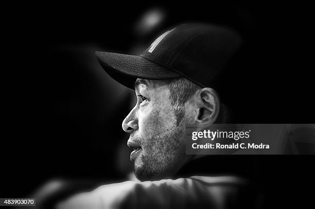 Ichiro Suzuki of the Miami Marlins looks on during a MLB game against the Boston Red Sox at Marlins Park on August 11, 2015 in Miami, Florida.