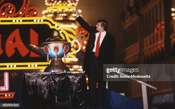 Donald Trump at The Trump Taj Mahal Casino and Resort in April 1990 in Atlantic City, New Jersey.