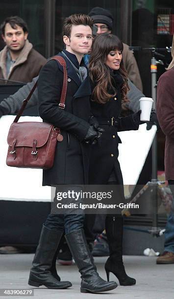 Lea Michele and Chris Colfer are seen on movie set of 'Glee' on November 18, 2012 in New York City.