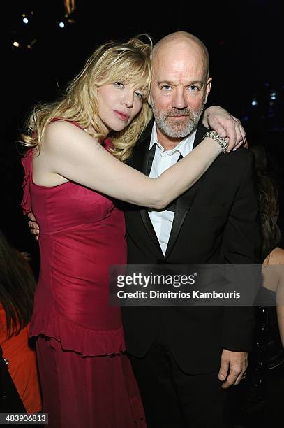 Courtney Love and musician Michael Stipe attend the 29th Annual Rock And Roll Hall Of Fame Induction Ceremony at Barclays Center of Brooklyn on April...