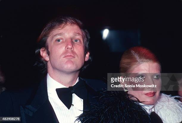 Donald Trump and Ivana Trump attend Roy Cohn's birthday party in February 1980 in New York City.