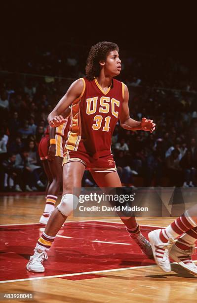 Cheryl Miller of the USC Trojans plays defense during an NCAA women's basketball game against Stanford University played during February 1983 in...