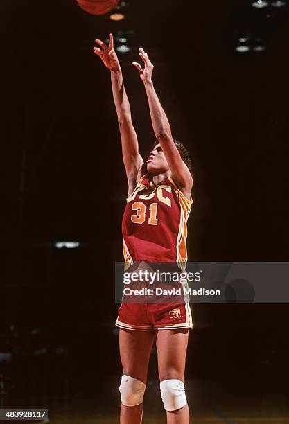 Cheryl Miller of the USC Trojans attempts a shot during an NCAA women's basketball game against Stanford University played during February 1983 in...