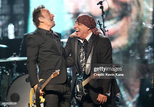 Musicans Bruce Springsteen and inductee Steven Van Zandt perform onstage at the 29th Annual Rock And Roll Hall Of Fame Induction Ceremony at Barclays...