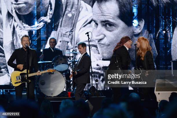 Bruce Springsteen and inductees Max Weinberg, Garry Tallent, Steven Van Zandt and Patti Scialfa of the E Street Band perform onstage at the 29th...