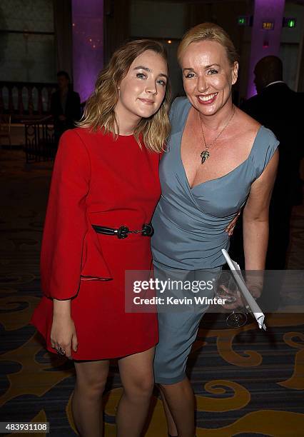 Actress Saoirse Ronan and HFPA's Elisabeth Sereda attend HFPA Annual Grants Banquet at the Beverly Wilshire Four Seasons Hotel on August 13, 2015 in...