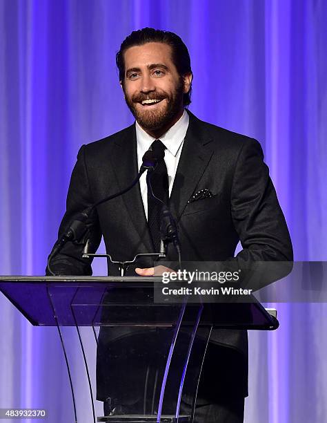 Actor Jake Gyllenhaal accepts grant on behalf of The Film Foundation onstage during HFPA Annual Grants Banquet at the Beverly Wilshire Four Seasons...