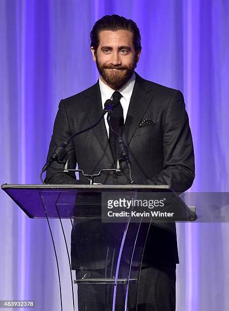 Actor Jake Gyllenhaal accepts grant on behalf of The Film Foundation onstage during HFPA Annual Grants Banquet at the Beverly Wilshire Four Seasons...