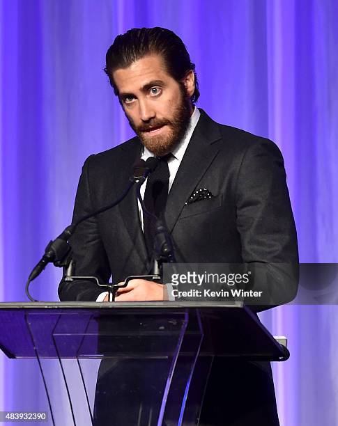 Actor Jake Gyllenhaal accepts grant on behalf of The Film Foundation onstage during HFPA Annual Grants Banquet at the Beverly Wilshire Four Seasons...