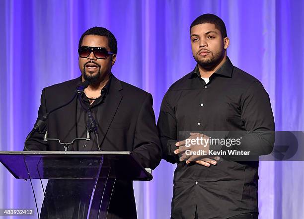 Rappers Ice Cube and O'Shea Jackson Jr. Accept grant on behalf of Ghetto Film School, Inner-City Arts, Inner-City Filmmakers and Young Storytellers...