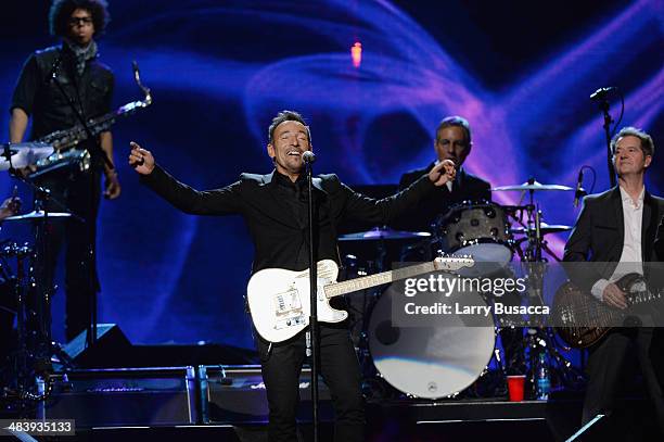 Bruce Springsteen and inductees Max Weinberg and Garry Tallent of the E Street Band perform onstage at the 29th Annual Rock And Roll Hall Of Fame...