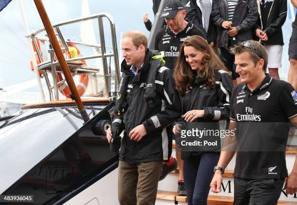 Prince William, Duke of Cambridge and Catherine, Duchess of Cambridge prepare to sail with Dean Barker and Team New Zealand at the Viaduct Basin on...