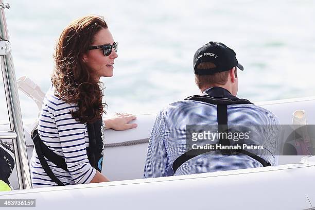 Catherine, Duchess of Cambridge and Prince William, Duke of Cambridge are taken out on a Sealegs boat after match racing on the Waitemata Harbour on...