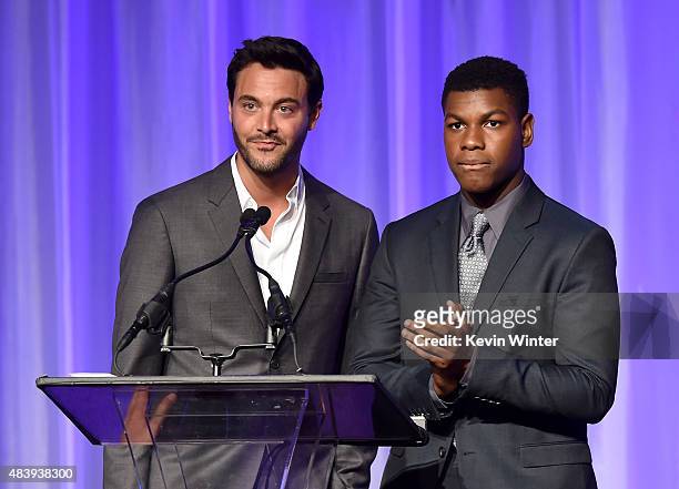 Actors Jack Huston and John Boyega accept grant on behalf of Exceptional Minds, Ensemble Studio Theatre and Gingold Theatrical Group onstage during...