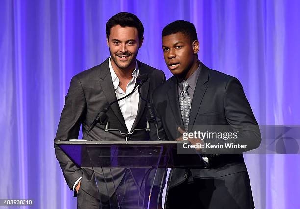 Actors Jack Huston and John Boyega accept grant on behalf of Exceptional Minds, Ensemble Studio Theatre and Gingold Theatrical Group onstage during...