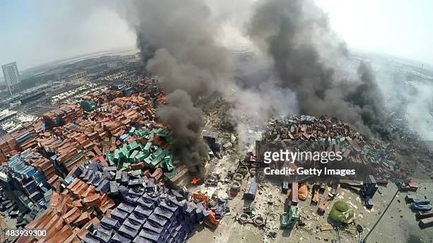 Screenshot of a video showing the aftermath of the Tianjin's warehouse explosion site on August 13, 2015 in Tianjin, China. The death toll from...