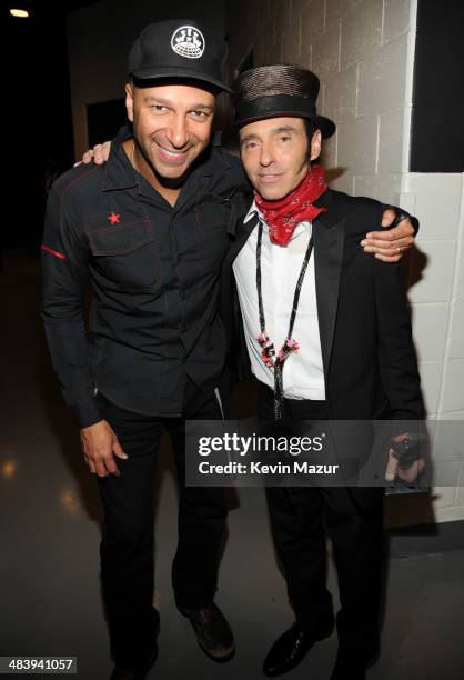 Tom Morello and Nils Lofgren backstage at the 29th Annual Rock And Roll Hall Of Fame Induction Ceremony at Barclays Center of Brooklyn on April 10,...