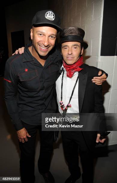 Tom Morello and Nils Lofgren backstage at the 29th Annual Rock And Roll Hall Of Fame Induction Ceremony at Barclays Center of Brooklyn on April 10,...