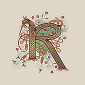 Colorful celtic illumination of the initial leter R