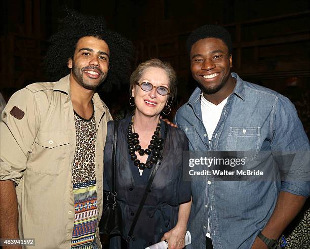 Meryl Streep visits Daveed Diggs and Okieriete Onaodowan from the cast of "Hamilton" backstage after a performance at the Richard Rodgers Theatre on...