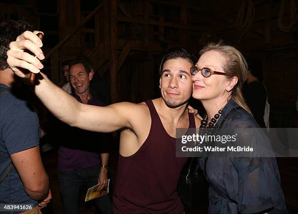 Meryl Streep visits Jon Rua from the cast of "Hamilton" backstage after a performance at the Richard Rodgers Theatre on August 13, 2015 in New York...