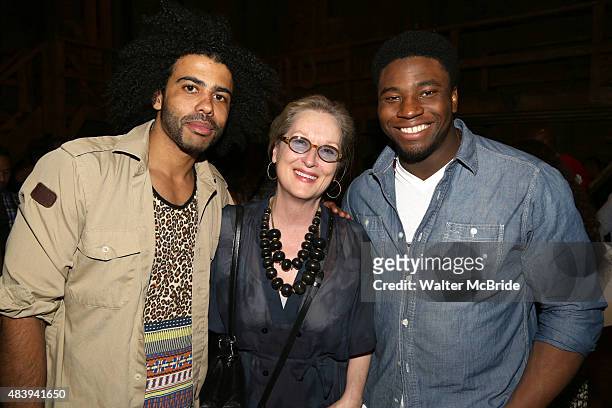 Meryl Streep visits Daveed Diggs and Okieriete Onaodowan from the cast of "Hamilton" backstage after a performance at the Richard Rodgers Theatre on...