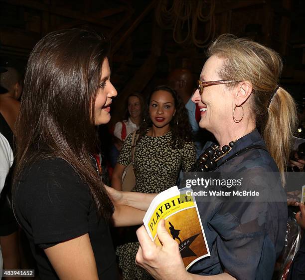 Meryl Streep visits Phillipa Soo from the cast of "Hamilton" backstage after a performance at the Richard Rodgers Theatre on August 13, 2015 in New...