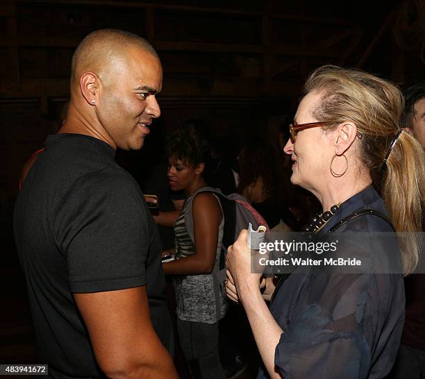 Meryl Streep visits Christopher Jackson from the cast of "Hamilton" backstage after a performance at the Richard Rodgers Theatre on August 13, 2015...