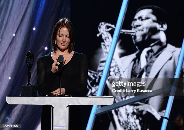 Victoria Clemons, widow of Clarence Clemons of the E Street Band speaks onstage at the 29th Annual Rock And Roll Hall Of Fame Induction Ceremony at...