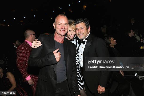 Sting, Trudie Styler and Jann Wenner attend the 29th Annual Rock And Roll Hall Of Fame Induction Ceremony at Barclays Center of Brooklyn on April 10,...