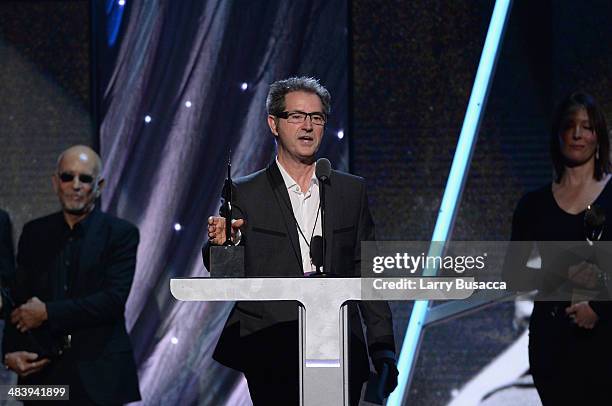 Inductee Garry Tallent of the E Street Band speaks onstage at the 29th Annual Rock And Roll Hall Of Fame Induction Ceremony at Barclays Center of...