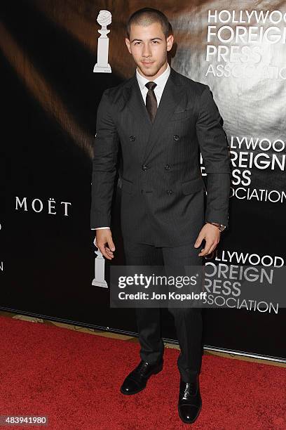 Nick Jonas arrives at Hollywood Foreign Press Association Hosts Annual Grants Banquet at the Beverly Wilshire Four Seasons Hotel on August 13, 2015...