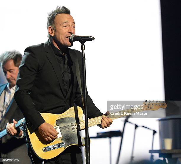 Bruce Springsteen and The E Street band perform onstage at the 29th Annual Rock And Roll Hall Of Fame Induction Ceremony at Barclays Center of...