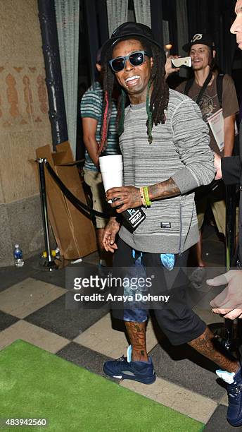 Lil Wayne attends the premiere of Mountain Dew Green Label Films' "We Are Blood" - arrivals at The Theatre At The Ace Hotel on August 13, 2015 in Los...