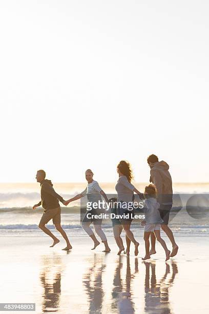 family playing in surf at beach - boy and girl running along beach holding hands stock-fotos und bilder