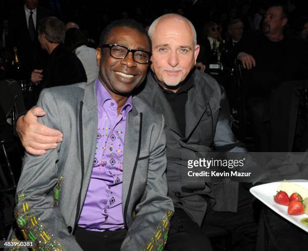 Youssou N'Dour and Peter Gabriel attend the 29th Annual Rock And Roll Hall Of Fame Induction Ceremony at Barclays Center of Brooklyn on April 10,...