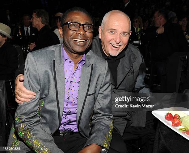 Youssou N'Dour and Peter Gabriel attend the 29th Annual Rock And Roll Hall Of Fame Induction Ceremony at Barclays Center of Brooklyn on April 10,...