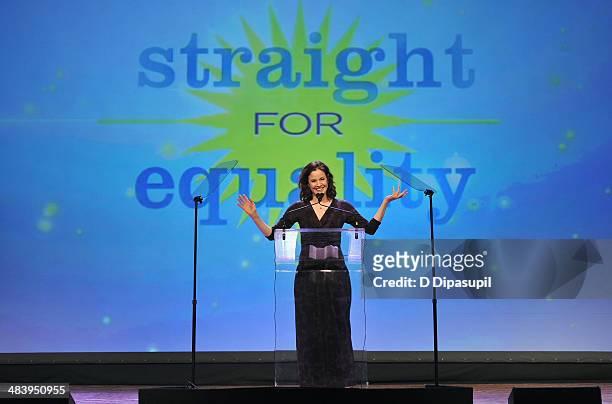 Actress Ally Sheedy speaks onstage at the PFLAG National Straight For Equality Awards at Marriott Marquis Times Square on April 10, 2014 in New York...