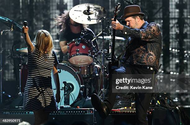 Musician Kim Gordon and Krist Novoselic perform onstage at the 29th Annual Rock And Roll Hall Of Fame Induction Ceremony at Barclays Center of...