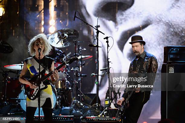 Musican St. Vincent and Krist Novoselic perform onstage at the 29th Annual Rock And Roll Hall Of Fame Induction Ceremony at Barclays Center of...