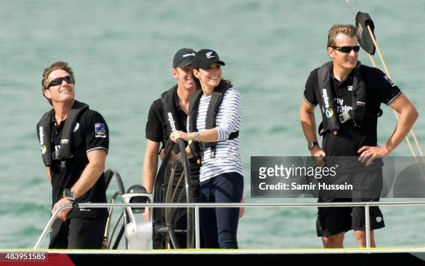 Catherine, Duchess of Cambridge races the New Zealand's Americas Cup Team yacht during their visit to Auckland Harbour on April 11, 2014 in Auckland,...