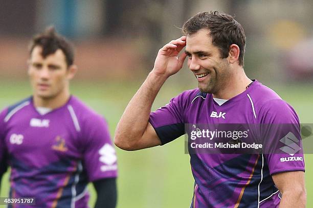 Cameron Smith reacts during a Melbourne Storm NRL training session at Gosch's Paddock on April 11, 2014 in Melbourne, Australia.