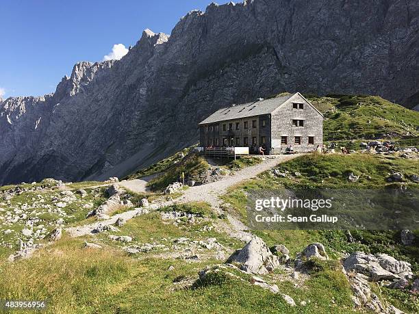 Lamsenjochhuette hut, a refuge for hikers and mountain climbers, stands in the Karwendel mountain range on August 9, 2015 near Eng Alm, Austria. The...