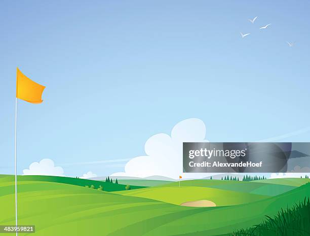 ilustraciones, imágenes clip art, dibujos animados e iconos de stock de campo de golf con un hermoso paisaje con bandera de orange en la parte frontal - golf flag